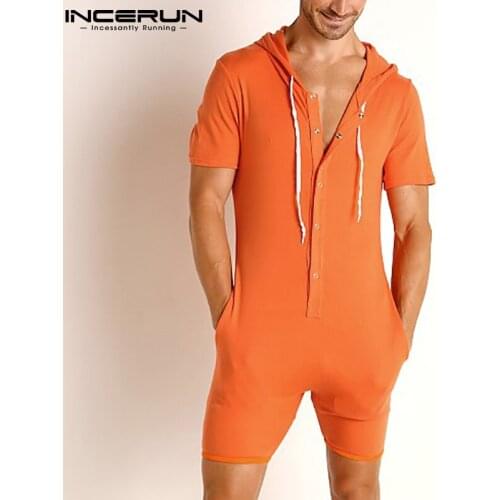 Men Pajamas Rompers Hooded Homewear Cozy Solid Color Short Sleeve Button Leisure Jumpsuits 2021 Men Playsuits Nightwear INCERUN