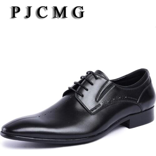 PJCMG New High Quality Genuine Leather Black/Red Brogues Lace-Up Bullock Oxfords Dress Wedding Mens Casual Business Shoes