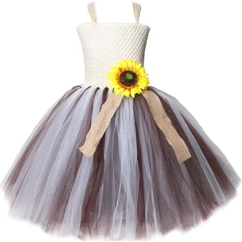 Sunflower Burlap Girls Tutu Dress Brown Ivory Princess Girls Pageant Wedding Dress Gowns Kids Halloween Party Scarecrow Costume