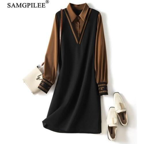 Spring Dresses For Women 2021 New Office Lady A-line Patchwork Full Sleeve Knee Length Empire Peter Pan Collar Dress Woman 4XL