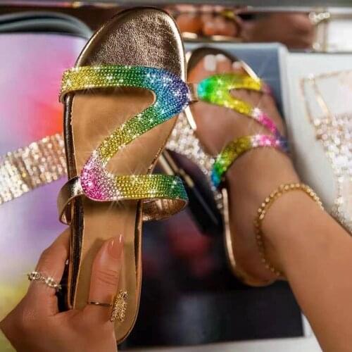 Womens Flat Mixed Color Slippers Ladies Summer Outdoor Fashion Bling Crystal Sandals 2021 Leisure New Plus Size Women Shoes