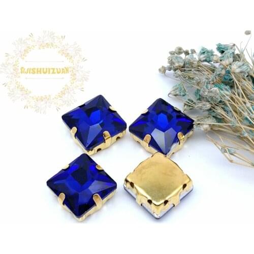 Sapphire blue Square Crystal Glass Sewing Rhinestones with gold Claw Rhinestones for Diy wedding Dress and Bags