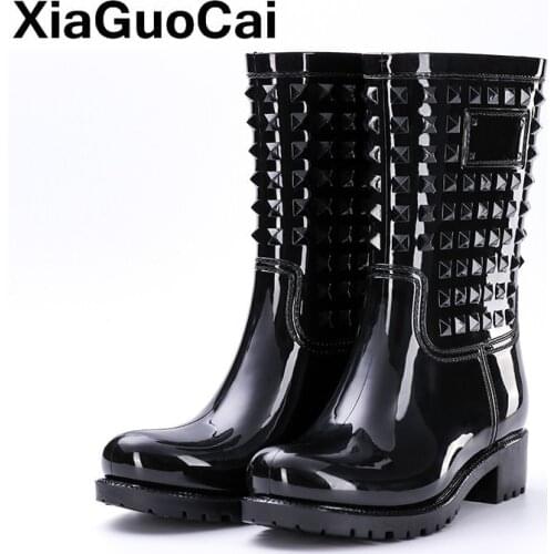 Women Boots Spring Summer Rainboots Mid-Calf Woman Shoes Big Size Non-slip Waterproof Female Footwear Rivet PVC Rain Boots New