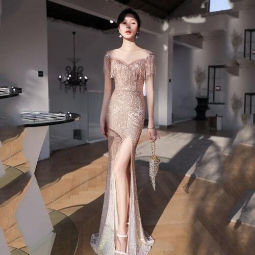 Sexy Sequins Tassel Split Mermaid Bride Evening Dress Cheongsam Back Zipper Prom Fomail Gown Vestidos De Noche