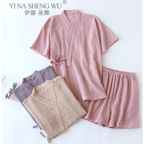 Traditional Pajama Set Japanese Kimono Traditional Summer Pajamas Set Yukata Women Causal Short Sleeve Home Clothes Kimono Suit