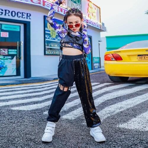 Street Dance Clothing Girls Hiphop Jazz Dancewear Suit Childrens Day Performance Stage Costumes Loose Hole Dancing Pants YS1292