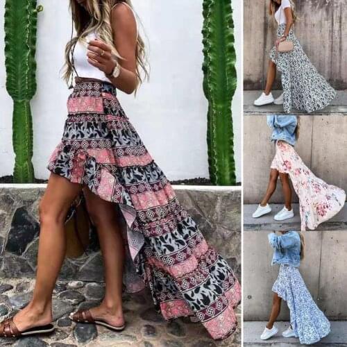 Woman Skirts Casual Printed Holiday Long Skirt Spring/Summer Women Skirt Irregular Floral Print High Waist Long Skirt for Office