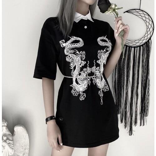 Harajuku Punk Women Clothing Dragon Print Femme T-Shirts Vintage Black Gothic Clothes Long Loose Tops, Shirts for Women