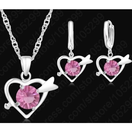 Lasted Design Women Gem Cubic Zircon Jewelry 925 Sterling Silver Heart Pendant Necklace/Earring Sets Wholesale