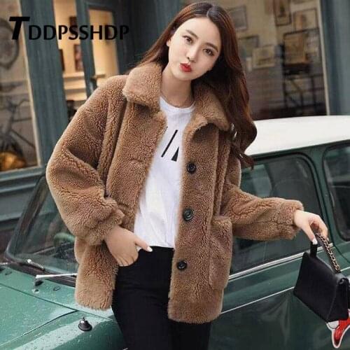 Faux Lambswool Furry Women Coat Khaki White Yellow Red Color Single Breasted Pocket Female Jacket