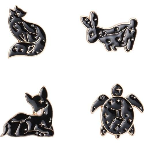 Black Constellation Hard Enamel Pins Collect Rabbit Fox Turtle Deer Metal Cartoon Brooch Backpack Collar Lapel Badges