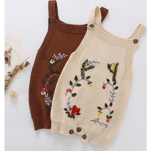 2021 Spring Autumn Baby Girl Clothe Toddlers Clothes Baby Boy Clothes Knitted Romper Sling Jumpsuit Embroidered Pattern