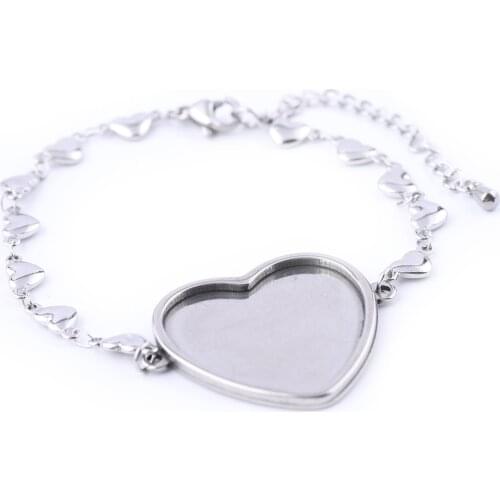 5pcs stainless steel fitting 25mm heart cabochon bracelet trays diy blank bezel settings for chain bracelets making findings