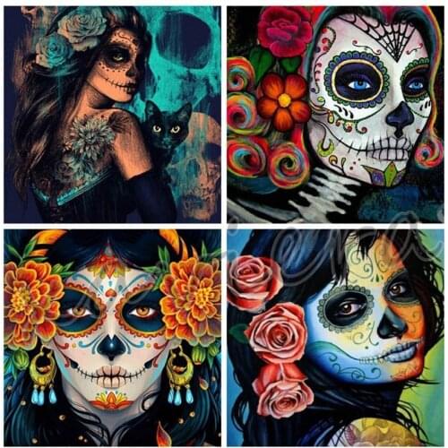Xaviera 5D Diy Diamond Painting Skull Flower Embroidery Woman Skeleton Portrait Full Square Drill Mosaic Cross Stitch Rhinestone