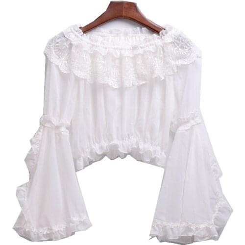 Lolita Summer Short Lace Crop Top Ladies Girls Long Sleeve Blouse Off Shoulder Semi-Sheer Shirt