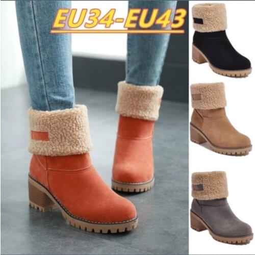 Womens Winter Boots Plush Warm Size 43 Women Shoes Fashion Square Heel Snow Booties Platform Ankle Boots for Women High Heels