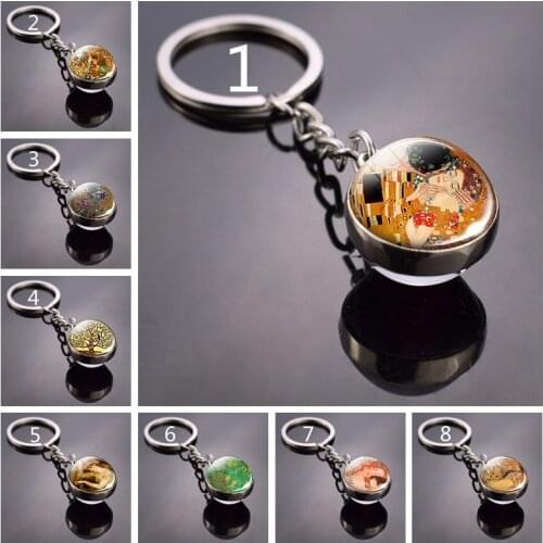 Gustav Klimt Art Key Chain Tree of Life Flower Garden The Kiss Pattern Glass Round Ball Keychain Keyrings