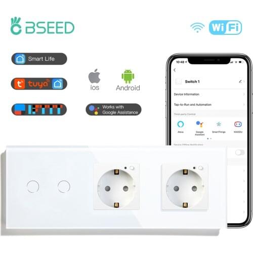 BSEED 2 Gang Wifi Switch With Double WiFi EU Sockets White Black Gloden Crystal Glass Panel Control By Alexa Google Tuya App