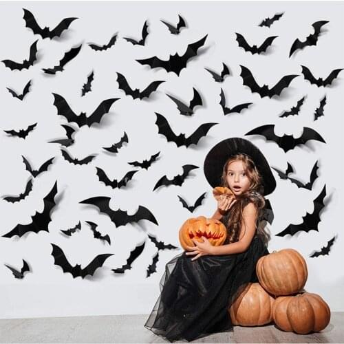 Halloween Decorative Stickers 3D Black Bat Wall Sticker PVC Self-adhesive Decals for Kids Room Decoration Bar Party Scary Props