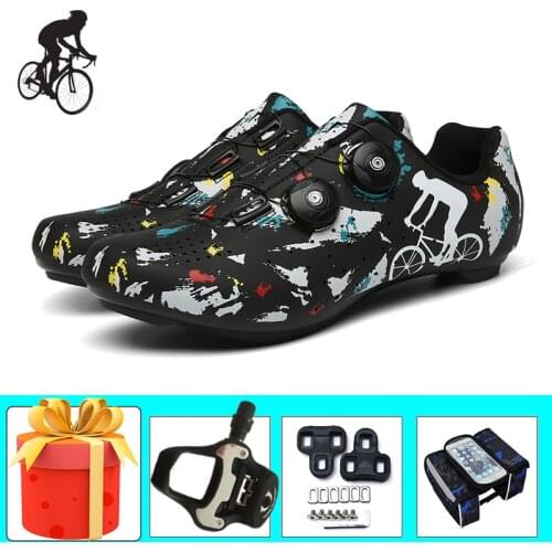 Unisex Road Cycling Shoes Zapatillas Ciclismo Breathable Self-locking Rotating Button Outdoor Racing Bicycle Sneakers Add Pedals