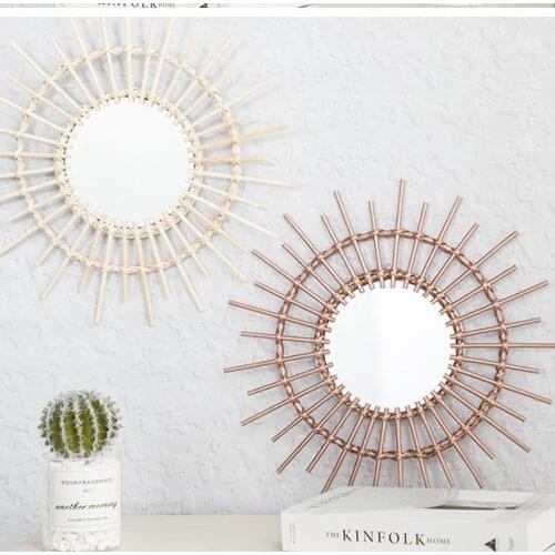 Handmade rattan round makeup mirror innovative art decoration dressing table bathroom wall mirror Nordic crafts wall decoration