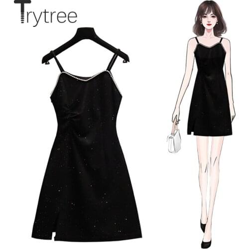 Trytree Summer Women Casual Sling Dress V-neck Shinny Dot Fashion A-line Pearl Vintage Elegant Temperament Split Hem Vest Dress