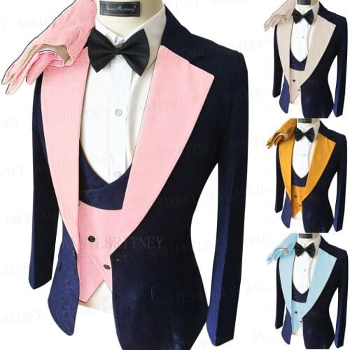 2021 New Jacquard Navy Blue Men Suit with Pink Collar Tailored Slim Fit Groom Best Man Wedding Tuxedo Blazer Vest Pants 3 Pieces