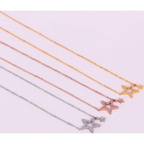 Stainless Steel Lover Full Crystal Double Star Pendants Necklace Romantic clavicle Necklaces Elegant Women Bride Wedding Jewelry