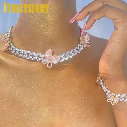 New 12mm Micro Iced Out Multicolor 5A CZ Cuban Link Butterfly Necklaces Choker Luxury Bling Hiphop Fashion Jewelry For Women