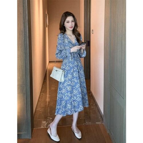 Autumn Women Blue Chiffon Dress One Piece Long Dress Lady Vintage Floral Printed Casual Dress V Neck Korean Style Vestidos 2020