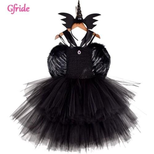 Black Princess Girls Cosplay Witch Tutu Dress For Kids Reindeer Dresses With Headband Wings Childrens Outfit Clothing 2-10Yr