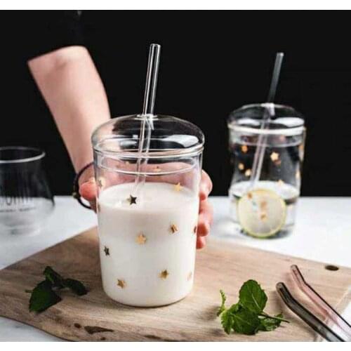 460ml Heat Resistant Glass Cup Transparent Coffee Mug With Lid&Straw Home Milk Juice Flower Tea Cup Travel Mug Drinking Glass