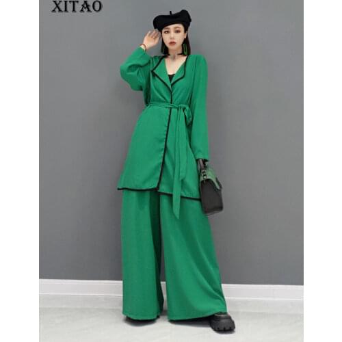 XITAO Two Piece Set Women Fashion New Single Breast Bandage Full Sleeve Top Elastic Waist Full Length Pants 2021 WMD3131