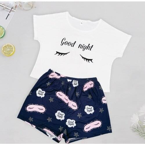 Female Homewear Ladies Pajama Set Cute Print Pattern Sleepwear Silk Sexy Pijama Satin Night Home Suits Wear Short sleeve