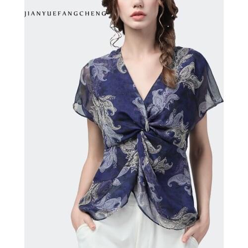 Elegant Slim Chiffon Floral Printing Blouse Women 2021 Summer New V-Neck Half Sleeve Drawstring Design Shirred Defined Waist Top