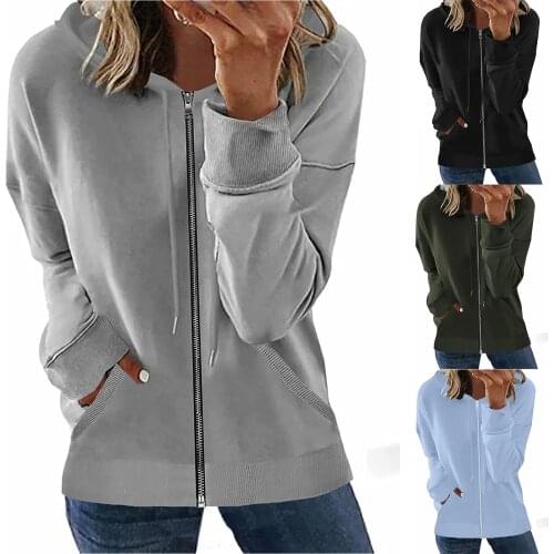 Plus Size Zipper Up Womens Hoodie Sweetshirt Solid Hoodie Long Sleeve Drawstring Hooded Sweatshirt Coat Sudaderas Con Capucha