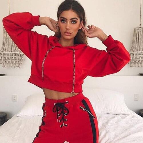 2018 New Women Autumn Chain Hooded Hoodies Navel Bare Cropped Lady Tops Sweatshirts Fashion Loose Female Solid Red Pullovers