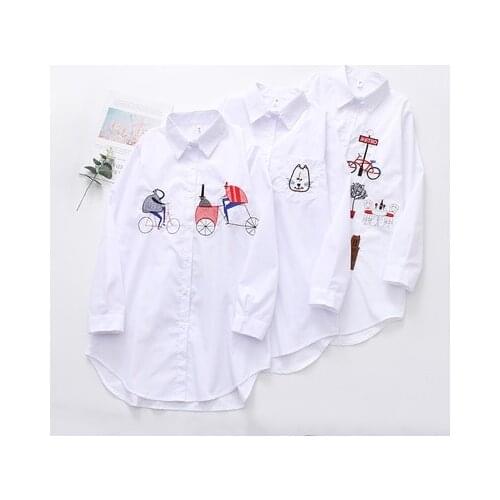 Ladies Harajuku Embroidered White Shirt Retro Long-sleeved Single-breasted Lapel Shirt Casual Loose Mid-length Female Top Crop