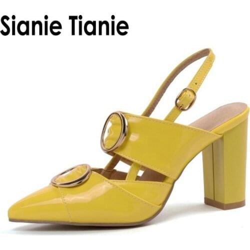 Sianie Tianie patent PU leather pointed toe woman slingback block high heels yellow white pumps women sandals with metal ring