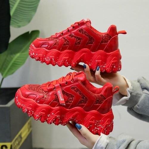 SAWDYJ Chunky Sneakers Wedges Shoes for Women Bling Red Womens Shoes Spring/Autumn 2021 Platform Sneakers Sapatos De Mujer