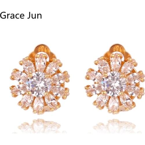 GRACE JUN AAA Cubic Zircon Round Shape Clip on Earrings Without Piercing for Women Bride Wedding Gorgeous Cushion Earrings New