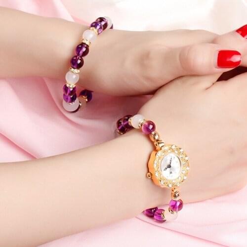 Womens Watches Small and Delicate Amethyst Crystal Agate Gold Zircon stone Waterfront Wrapped Bracelet lady Quarz wrist watch