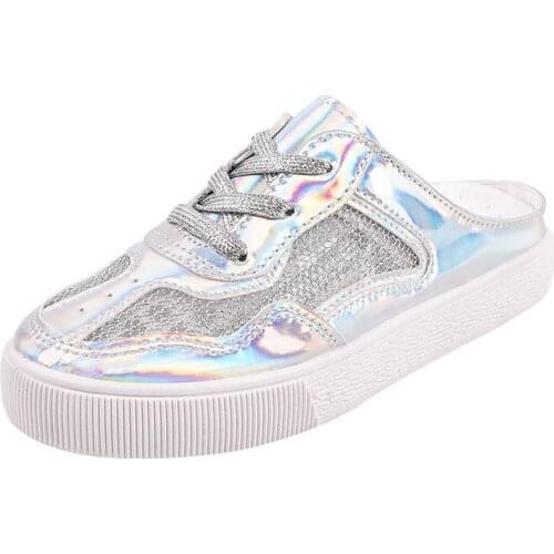 Womens shoes new heelless baotou half slippers sequins small white shoes women summer Korean version of the mesh breathable laz