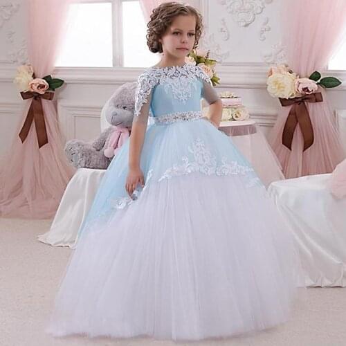 Hot Robe Communion Fille Blue Ball Gown Crew Neck Ankle Length Bow Sash Short Sleeves Patchwork Long First Communion Dresses