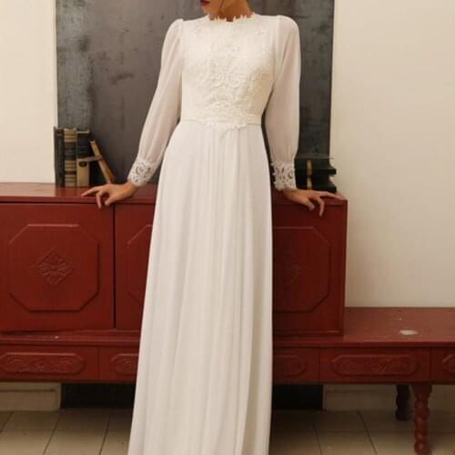 Lace Appliques Chiffon Wedding Dresses High Neck Long Sleeves Floor Length Sheath Vintage Design Bridal Gowns Vestido De Noiva