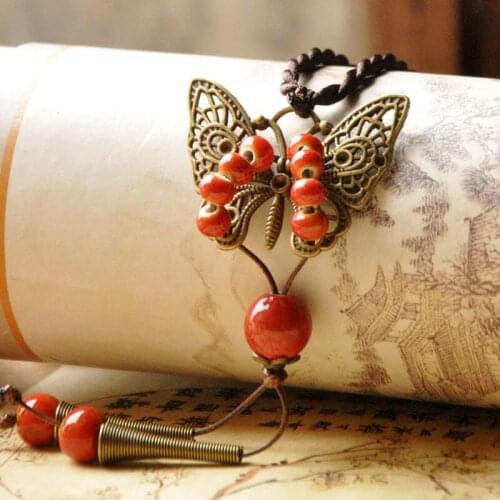 12 Pieces/Lot Long Bohemian Necklace Butterfly Pendants Water Drops Ceramic Red Beads Choker Charm Statement Women Chains Gifts