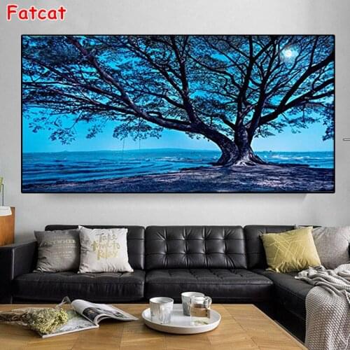 Moon and trees in the beach diamond painting square/round 5d diy diamond embroidery Sale night blue Landscape Diamond PP1348