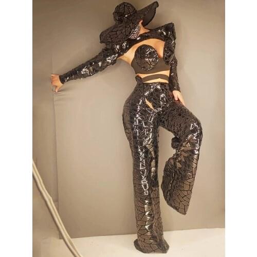 Shiny Stage Costumes Singer Costume Nightclub Gogo Dancer Mirror Bra Tops Pants Dj Ds Punk Performance Wear Party Outfit