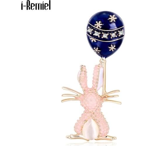 Cartoon Pink Rabbit Balloon Brooches for Women Girls Rhinestone Cute Bunny Enamel Pins Coat Lapel Pin Accessories Gifts for Girl