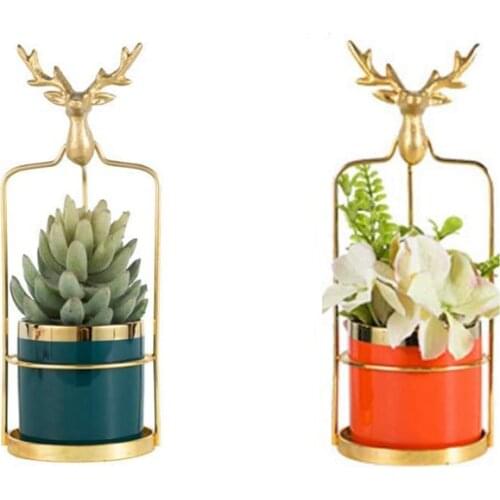 Flower Pot with Metal Bracket, Decorative Mini Flower Pot, Cute and Unique Bedroom Bathroom Decoration, Table Center
